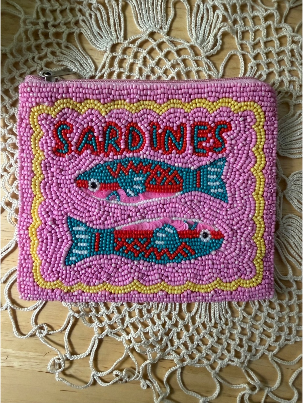 Handmade Beaded Pink Pouch Wallet with Sardines Design